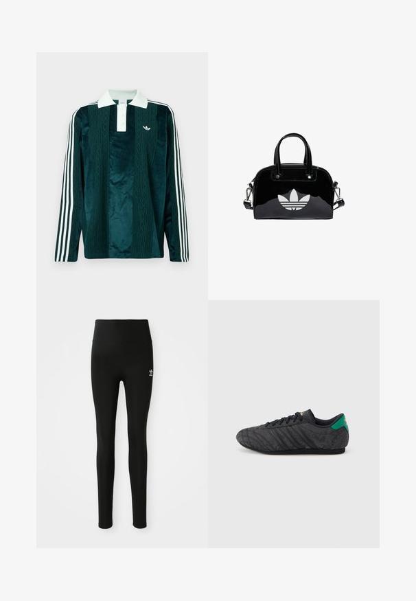 Polo met lange mouwen in donker groen fluweel met witte accenten. Voorzien van een drie-knops sluiting, geborduurd logo en drie witte strepen op de mouwen.; Zwarte legging van rekbaar materiaal met een hoge taille, voorzien van een klein wit Adidas-logo op het linkerbeen. Gladde textuur.; Zwarte sneakers met een laag profiel, een subtiel bloemenpatroon, zwarte veters, een groene hielband en een gouden logo op de tong en hiel.; Zwarte gepatenteerde leren handtas met een afgeronde vorm, dubbele handvaten bovenaan, zilveren accenten en een opvallend wit logo aan de voorkant.