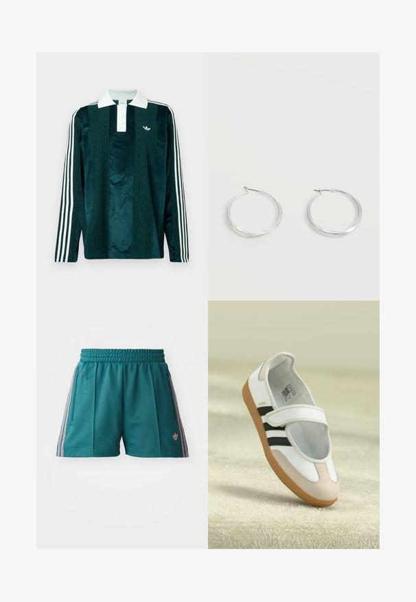 Polo de manga larga en terciopelo verde oscuro con acentos blancos. Presenta una tapeta de tres botones, logo bordado y tres franjas blancas en las mangas.; Shorts deportivos en color teal con cinturilla elástica, presentan detalles laterales en rayas rosa y blanca, y bolsillos laterales con cremallera. Logo en el dobladillo.; Zapato blanco con puntera de ante rosa, rayas negras y una correa de Velcro. Cuenta con una suela de goma color tostado y un logo en el lateral.; Pendientes de aro de metal plateado con superficie lisa y ligeramente curvada y cierre de tipo mosquetón sobre un fondo blanco liso.