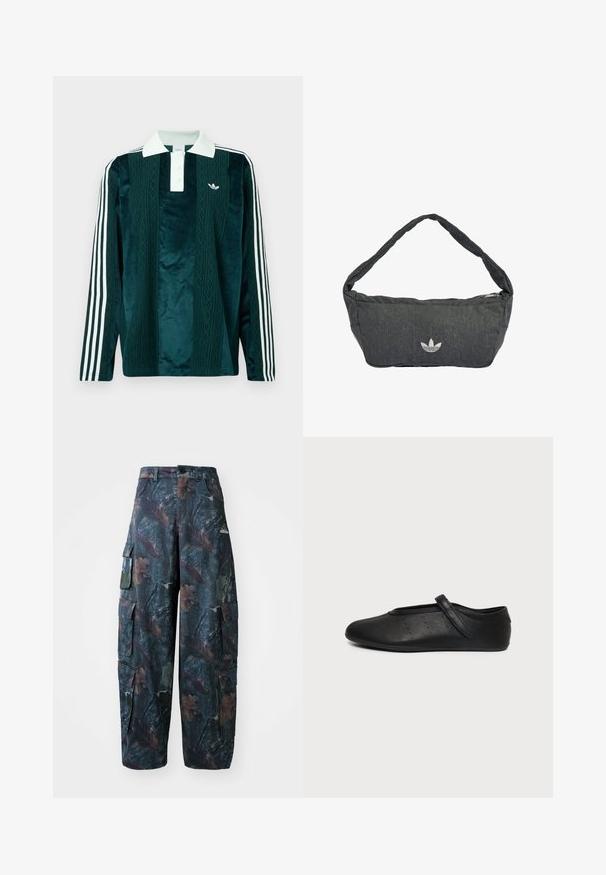 Polo à manches longues en velours vert foncé avec des accents blancs. Présente un col à trois boutons, un logo brodé et trois rayures blanches sur les manches.; Pantalons cargo camouflage en vert foncé et marron, dotés de plusieurs poches et d'une coupe décontractée, fabriqués à partir d'un tissu léger et résistant.; Chaussure plate Mary Jane en cuir noir avec une bride unique et de petits points perforés sur le côté, présentée sur un fond gris clair uni.; Sac à épaule gris foncé en tissu texturé, doté d'une fermeture éclair et d'un logo brodé sur le devant. Bandoulière longue et incurvée.