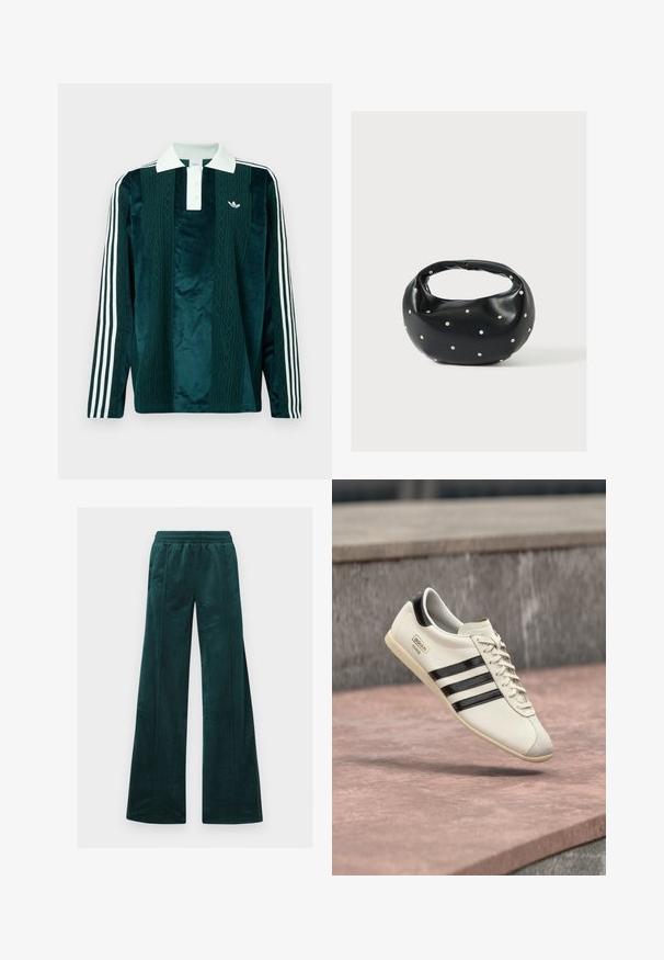 Langærmet polo i mørkegrøn fløjl med hvide accenter. Har tre-knap lukning, broderet logo og tre hvide striber på ærmerne.; Teal bredde bukser i blød velour med elastisk talje og vertikal syning. Ingen synlige lommer.; Hvid Adidas-sneaker med sorte striber og beige sål, svævende over en lyserød betonoverflade og grå stensbaggrund.; Sort læderhåndtaske med en rundet form, dekoreret med sølvnitter, og et kort håndtag. Glat tekstur og lynlåslukning.