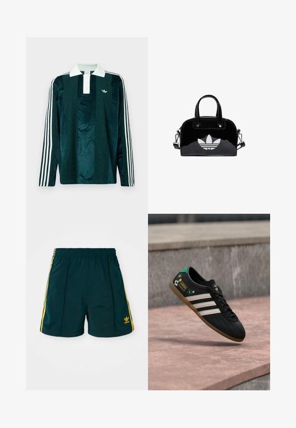 Polo met lange mouwen in donker groen fluweel met witte accenten. Voorzien van een drie-knops sluiting, geborduurd logo en drie witte strepen op de mouwen.; Donkergroene sportshorts met een elastische tailleband, voorzien van gele zijstrepen en een geborduurd geel logo op het onderbeen.; Zwarte sportschoen met witte strepen, een bovenwerk met patroon en bloemenaccenten, en een groene hiel. Rubberen zool zorgt voor grip.; Zwarte gepatenteerde leren handtas met een afgeronde vorm, dubbele handvaten bovenaan, zilveren accenten en een opvallend wit logo aan de voorkant.
