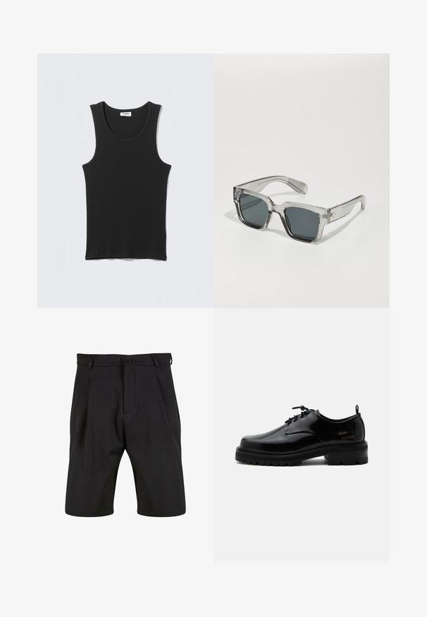 Sort ærmeløs ribstrikket tanktop med rund halsudskæring, fladt lagt på lysegrå baggrund. Etiket med teksten "WEEKDAY."; Sorte shorts lavet af et glat stof med skræddersyet design, der har en frontknaplukning, læg og sidelommer.; Sort poleret læder snørestøvle med tyk gummisål og lav hæl, sideskilt med mærketekst "SAMSOE" og bageste træksnor.; Klare, oversized solbriller med mørke linser, der har en kraftig rektangulær stel og strukturerede stangsnehverv. Fremstillet af transparent kunststof.