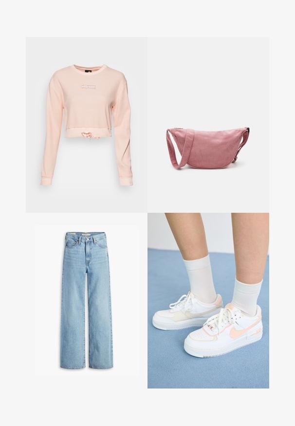 Ellesse LUSSO - Longsleeve - light pink; Lichtblauwe, hoge taille, wijde jeans met een voorste knoop en ritssluiting, riemlussen en vijf zakken.; Witte sneakers met perzikkleurige accenten, glad leren bovenwerk, geperforeerde neus, textuurzool en veters. Draag ze met witte crew-sokken op een blauwe ondergrond.; Pieces PCAMANDA BUMBAG - Schoudertas - ash rose