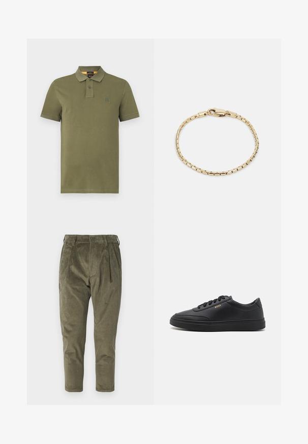 Olijf groene polo shirt van katoen, met een drieknops sluiting, korte mouwen en een klein logo op de borst.; Olijfgroene corduroy broek met een relaxte pasvorm, voorzien van plooien, een elastische tailleband en taps toelopende benen. Geweven stof met verticale ribbels.; Zwarte leren sneakers met een gladde textuur, ronde neus, platte rubberen zool en tonale veters. Kenmerkt zich door de gouden "BOSS" branding aan de zijkant.; Gouden metalen armband met een kettingontwerp, voorzien van rechthoekige schakels en een haaksluiting, gladde textuur en gepolijst afwerking.