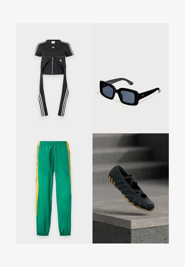 Μαύρο τοπ με κοντά μανίκια, λευκές ρίγες Adidas στα μανίκια, φερμουάρ μπροστά και επιπλέον υφασμάτινα πάνελ που κρέμονται με τρεις λευκές ρίγες.; Πράσινο αθλητικό παντελόνι από νάιλον με κίτρινες λωρίδες στα πλάγια, ελαστική μέση με κορδόνι και ελαστικές μανσέτες στους αστραγάλους.; Μαύρο παπούτσι slip-on με σταυρωτούς ελαστικούς ιμάντες και υφή ταμπά σόλα, αιωρείται πάνω από μια τσιμεντένια άκρη με θολές σκάλες στο φόντο.; Μαύρα γυαλιά ηλίου με τετράγωνο πλαίσιο, σκουρόχρωμους φακούς και μικρό λογότυπο στο πλαϊνό μέρος, παρουσιάζονται σε απλό ανοιχτόχρωμο φόντο.