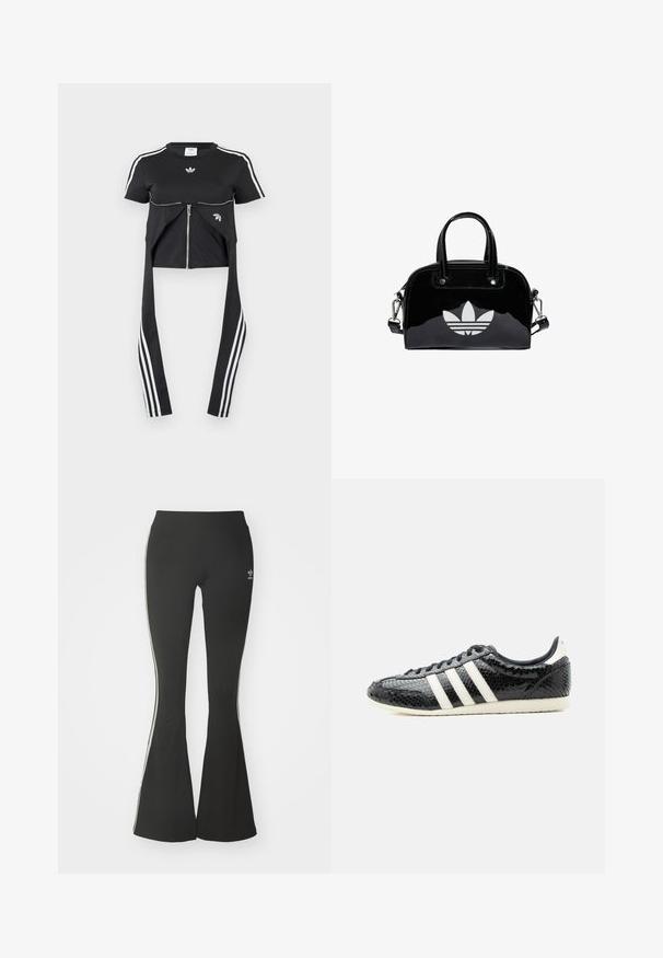 Schwarzes Kurzarm-Top mit weißen Adidas-Streifen auf den Ärmeln, Reißverschluss-Detail vorne und verlängerten Stoffbahnen mit drei weißen Streifen, die herunterhängen.; Schwarze ausgestellte Leggings aus Stretchmaterial mit hohem Bund und weißen Seitenstreifen. Inklusive kleinem Logo am Bund.; Schwarzer Low-Top-Sneaker mit weißen Streifen und strukturierter, glänzender Oberfläche, weißer Sohle und schwarzen Schnürsenkeln, im Seitenprofil vor weißem Hintergrund gezeigt.; Schwarze Handtasche aus Lackleder mit abgerundeter Form, doppelten Tragegriffen, silbernen Akzenten und einem auffälligen weißen Logo auf der Vorderseite.