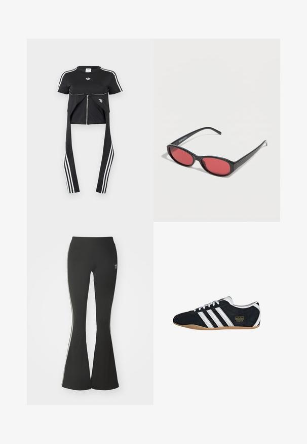 Sort kortærmet top med hvide Adidas-striber på ærmerne, lynlåsdetaile foran og forlængede stofpaneler, der hænger ned med tre hvide striber.; Sorte flared leggings lavet af strækstof, med en høj talje og hvide sidestreger. Inkluderer lille logo ved taljen.; Sort ruskinds sneaker med hvide tre striber, guldlogo og en brun gummisål. Har et lavprofil snørebåndsdesign.; Sorte ovale solbriller med tynde arme og rødtonede linser, der ligger på en hvid overflade.
