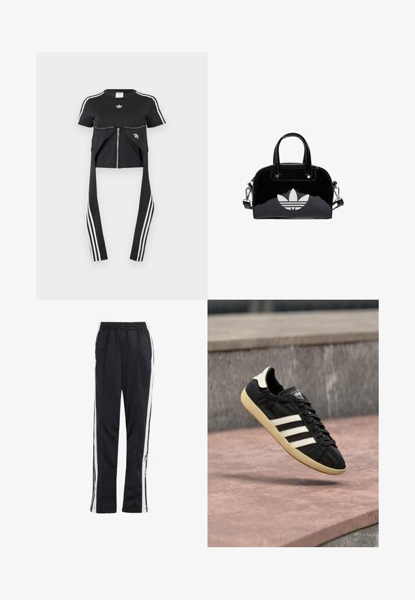 Haut noir à manches courtes avec des rayures blanches Adidas sur les manches, une fermeture éclair à l'avant et des panneaux de tissu prolongés suspendus avec trois rayures blanches.; Pantalons de jogging noirs avec des rayures latérales blanches, taille élastique et un patch logo. Fabriqués en tissu lisse et léger. Design à jambe droite.; Baskets Adidas noires avec des bandes blanches et une semelle beige, capturées en plein air au-dessus d'une surface en pierre et d'un mur en pierre en arrière-plan.; Sac à main en cuir verni noir de forme arrondie, avec des poignées supérieures doubles, des accents argentés et un logo blanc proéminent à l'avant.