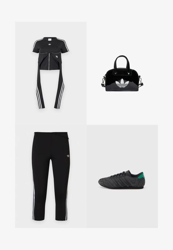 Sort kortærmet top med hvide Adidas-striber på ærmerne, lynlåsdetaile foran og forlængede stofpaneler, der hænger ned med tre hvide striber.; Sorte korte leggings med hvide tre-stribede sidelommer og lille Adidas trefoil-logo på venstre lår.; Sort lavprofil sneaker med subtilt blomsterprint, sorte snørebånd, grøn hælflap og guldlogo på tunge og hæl.; Sort patentlæder håndtaske med rund form, to top-håndtag, sølvdetaljer og en fremtrædende hvid logo på fronten.
