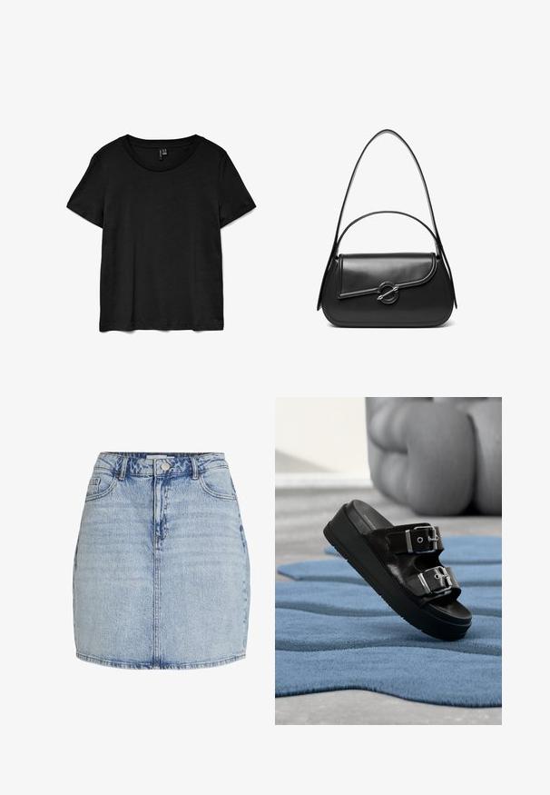 Schwarzes Kurzarm-T-Shirt aus weichem Stoff. Verfügt über einen klassischen Rundhalsausschnitt und einen lockeren Schnitt mit geradem Saum.; Hellblaue Jeans-Minirock mit vorderem Knopf- und Reißverschluss, Gürtelschlaufen und vorderen Taschen.; Schwarze Slide-Sandale mit zwei silbernen Schnallen, Plateau-Sohle, auf einem strukturierten blauen Teppich platziert, mit verschwommenem beigem Möbel im Hintergrund.; Schwarze Lederschultertasche mit einer geschwungenen Klappe, die durch einen runden Metallverschluss gesichert ist, und einem schlanken, verstellbaren Riemen.