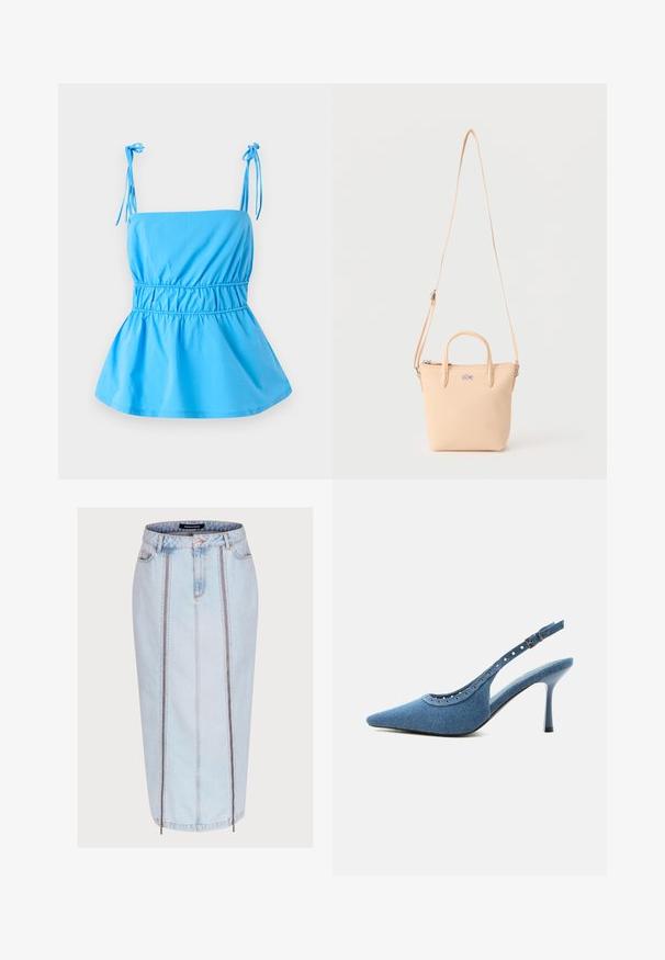 Lichtblauwe top met verstelbare tie banden, aansluitende lijfje en uitlopende peplum ontwerp; gemaakt van een gladde, lichte stof.; Lichtblauwe denim rok met een getailleerd ontwerp, voorzien van twee voorzakken met rits, details in de centrale naad en een lengte tot halverwege het kuit.; Blauwe denim slingback pump met spitse neus, zilveren oogjes en verstelbare gespsluiting.; Beige kleine handtas met twee korte handvatten, lange verstelbare schouderriem en krokodillenlogo aan de voorkant.