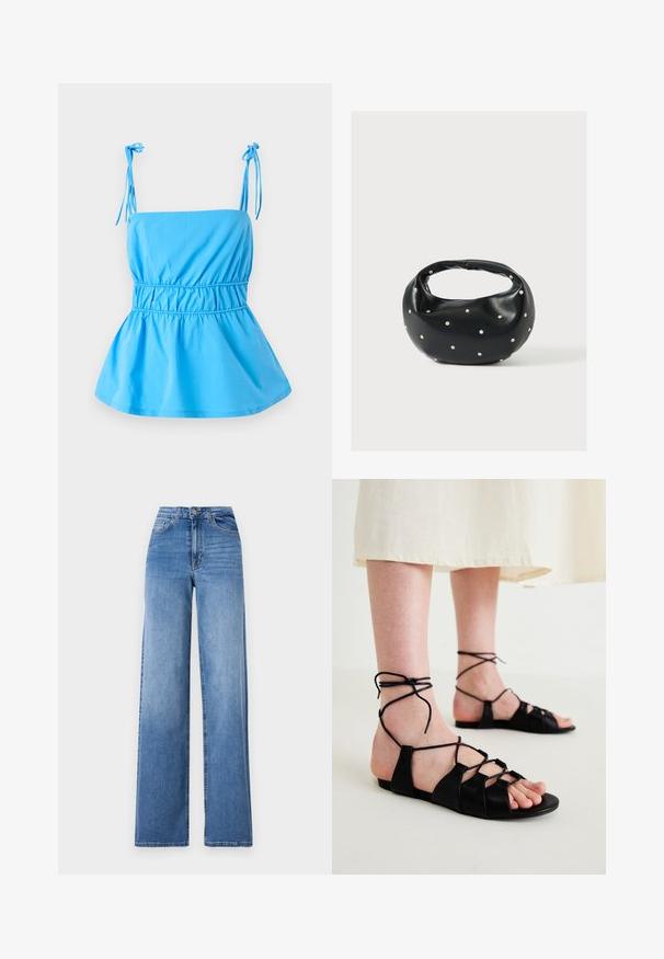 Lichtblauwe top met verstelbare tie banden, aansluitende lijfje en uitlopende peplum ontwerp; gemaakt van een gladde, lichte stof.; Lichtblauwe wijd uitlopende spijkerbroek van denim, met een hoge taille, voorkruiszakken en een standaard knoopsluiting. Gladde textuur.; Zwarte leren platte sandalen met een kruislingse ontwerp en enkelbandjes, met een effen textuur en een open teenstijl.; Zwarte leren handtas met een afgeronde vorm, versierd met zilveren studs, en een korte handgreep. Gladde textuur en ritsluiting.