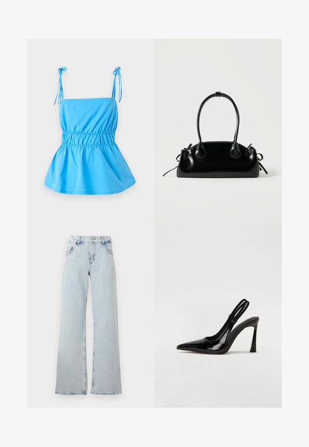 Haut bleu clair avec des bretelles à nouer réglables, corsage ajusté et design peplum évasé ; fabriqué dans un tissu lisse et léger.; Jeans large bleu clair en denim, avec une taille haute, des passants de ceinture, cinq poches et des zones décolorées pour un aspect vintage.; Escarpin en cuir verni noir à talon aiguille, à bout pointu, avec une sangle élastique double pour un maintien sécurisé. Surface lisse et brillante.; Petit sac à main noir brillant avec deux longues anses et des détails à cordon sur les côtés sur un fond clair uni.