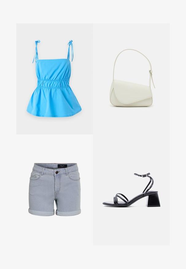 Haut bleu clair avec des bretelles à nouer réglables, corsage ajusté et design peplum évasé ; fabriqué dans un tissu lisse et léger.; Shorts en denim bleu clair avec un ourlet retroussé, dotés de cinq poches et d'une fermeture à bouton. Le tissu a une texture lisse et des détails de couture subtils.; Sandale noire à brides ouvertes avec boucle à la cheville et talon bloc, vue de côté sur un fond clair uni.; Sac à main en cuir synthétique blanc avec une forme triangulaire structurée, une bandoulière unique réglable et un rabat à courbes accentuées.