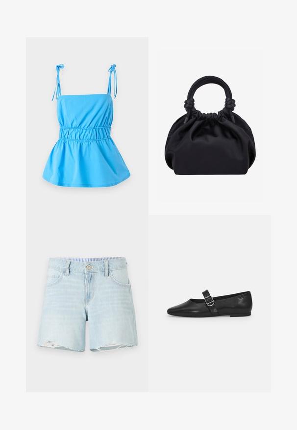 Lichtblauwe top met verstelbare tie banden, aansluitende lijfje en uitlopende peplum ontwerp; gemaakt van een gladde, lichte stof.; Lichtblauwe denim shorts met een licht verstoorde zoom, vijf-pocket ontwerp en een knoopsluiting. Subtiele vervaagde textuur over de gehele shorts.; Zwarte leren platte schoen met een ronde neus, een enkele verstelbare gespsluiting en een gladde, glanzende textuur. Minimalistisch ontwerp met een lage hak.; Zwarte zachte stoffen handtas met geplooide bovenkant en ronde gewatteerde handvatten, vastgeknoopt aan elke kant.
