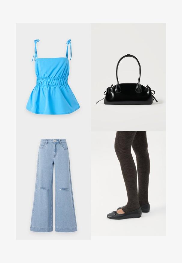 Haut bleu clair avec des bretelles à nouer réglables, corsage ajusté et design peplum évasé ; fabriqué dans un tissu lisse et léger.; Jeans taille haute bleu clair à jambes larges, dotés de deux poches avant et de deux détails de genoux déchirés, fabriqués en matériau denim.; Jambes portant des leggings côtelés foncés associés à des ballerines noires avec de petits détails en nœud sur fond blanc.; Petit sac à main noir brillant avec deux longues anses et des détails à cordon sur les côtés sur un fond clair uni.