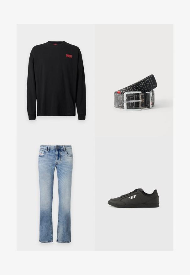 Schwarzes langärmliges T-Shirt aus Baumwolle mit Rundhalsausschnitt. Verfügt über ein kleines rotes "DIESEL"-Logo auf der linken Brust. Reguläre Passform.; Hellblaue Jeans aus Denim mit geradem Schnitt, ausgestattet mit Fronttaschen, einem Reißverschluss und subtilen Verfärbungen im gesamten Stoff.; Schwarze Sneakers aus synthetischem Material mit einer strukturierten schwarzen Sohle, rundem Zehenbereich und flachen schwarzen Schnürsenkeln. Auffälliges weißes Logo auf der Außenseite.; Schwarzer Diesel-Gürtel mit großem weißen Logotext, rechteckiger silberner Schnalle und gebrandetem Metallschlaufen-Detail, aufgewickelt auf hellem Hintergrund.