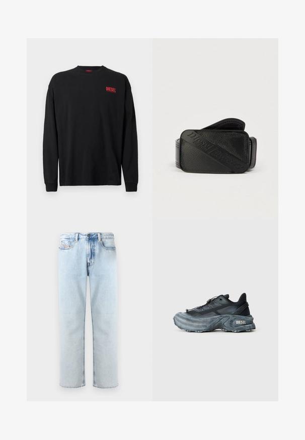 Zwart katoenen T-shirt met lange mouwen en een ronde hals. Voorzien van een klein rood "DIESEL" logo op de linkerborst. Regular fit.; Lichtblauwe denim jeans met een rechte pijp, vijf zakken en subtiele vervaging. Voorzien van een knoopsluiting en een lus voor een riem.; Zwarte en grijze Diesel sneakers met dikke zool, vetersluiting en gestructureerd ontwerp op een effen lichtgrijze achtergrond.; Zwarte riem met een gestructureerd ontwerp en een opvallend geperst logo. Het materiaal lijkt glad met een lederachtige afwerking.