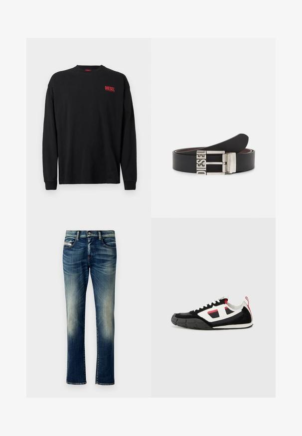 T-shirt noir à manches longues en coton avec un col rond. Présente un petit logo "DIESEL" rouge sur le côté gauche de la poitrine. Coupe régulière.; Jean en denim bleu foncé avec un lavage délavé, coupe droite, couture contrastante, cinq poches et une fermeture à bouton au niveau de la taille.; Diesel S PAGODHA LOW - Baskets basses - black; Ceinture en cuir noir avec une boucle en métal argenté portant le texte en relief "DIESEL". Le design est épuré avec une texture lisse.