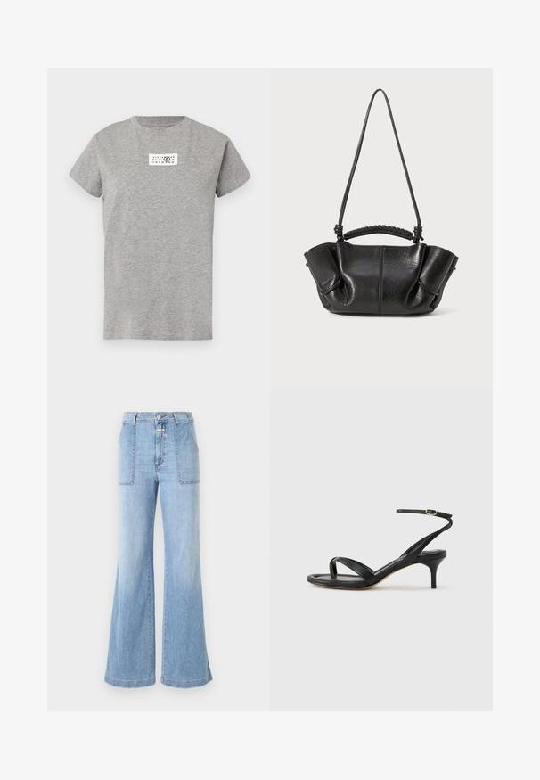Graues Baumwoll-T-Shirt mit kurzen Ärmeln und rundem Halsausschnitt. Auf der Brust befindet sich ein weißes rechteckiges Grafikmuster mit Zahlen.; CLOSED ARIA - Flared Jeans - light blue; Schwarze Ledersandale für Damen mit dünnen Riemchen, einer Zehenlasche, einer Knöchelschnalle und einem mittelhohen Stöckelabsatz vor neutralem Hintergrund.; Schwarze Lederhandtasche mit strukturierter Oberfläche, sanften Falten, doppelten Trägern und geflochtenen Griffdetails. Kompakt, mit einteiliger Oberkante.
