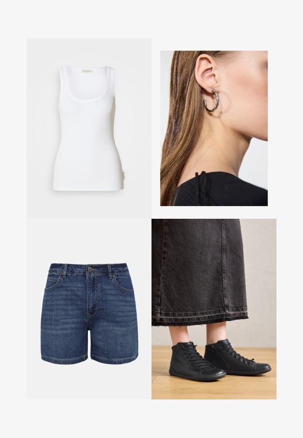 Débardeur blanc côtelé avec un col rond dégagé et des bretelles larges. Présente une étiquette logo sur l'ourlet latéral. Confectionné en tissu doux et extensible.; Shorts en denim bleu foncé avec bouton frontal, fermeture éclair, passants pour ceinture et poches avant, présentés sur un fond blanc.; Chaussures montantes en cuir noir avec une texture lisse, dotées de lacets et d'une fermeture éclair sur le côté. Portées avec une longue jupe en denim noire.; Boucle d'oreille en argent avec une finition polie, présentant de petits détails en or et de forme ronde, portée sur le lobe.
