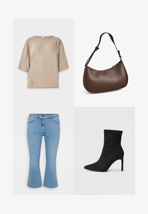 Beige strikket trøje med korte ærmer, rund hals og afslappet pasform, vist på en ensfarvet hvid baggrund.; Lys blå denim flared jeans med fem lomme-design, der har en knaplukning og kontrasterende syninger langs sømmene.; Sort spidse sokstøvler med smal hæl og strækbart stof ved anklen på hvid baggrund.; Lille brun skuldertaske i læder med justerbar rem og lynlåslukning, vist mod hvid baggrund. Ingen synligt branding eller dekorationer.