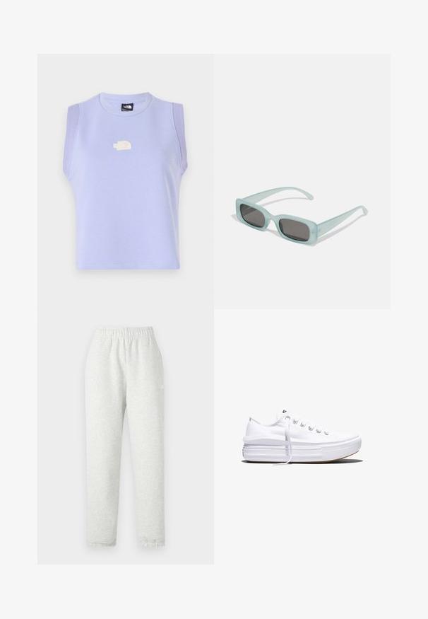 Fialový bezrukávový crop top vyrobený z mäkkého materiálu, s okrúhlym výstrihom a malým vyšitým logom na prednej strane.; Svetlo šedé tepláky s elastickým pásom, zúženými nohavicami a rebrovanými manžetami. Vyrobené z mäkkej, štruktúrovanej tkaniny. Biele logo na boku.; Biela nízka plátenná teniska s hrubou platformovou podrážkou, šnurovaním vpredu a gumovou špičkou s textúrou, zobrazená z bočnej strany.; Párik obdĺžnikových slnečných okuliarov s svetlomodrými priehľadnými rámami a tmavosivými sklami, s rovnými stranami a minimálnymi hardvérovými detailmi.