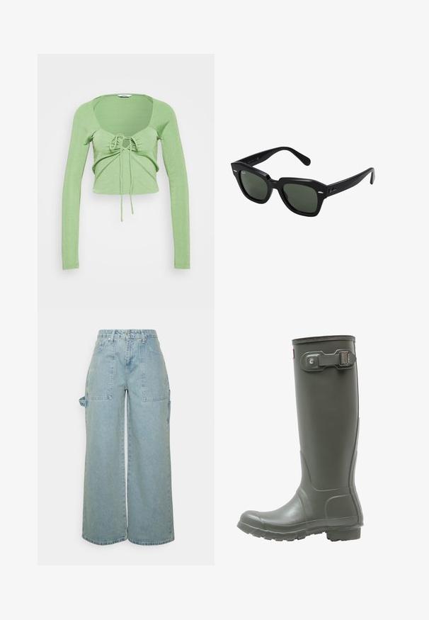 Envii ENMARS - T-shirt à manches longues - salted lime; The Ragged Priest LOW RISE - CARPENTER RELEASE - Jean boyfriend - light blue; Bottes de pluie hautes en caoutchouc vert avec une semelle texturée, un bout rond, une boucle ajustable sur le côté et une finition lisse.; Lunettes de soleil carrées noires avec des verres vert foncé, présentant des montures audacieuses et des accents argentés sur les côtés. Fabriquées en Italie.