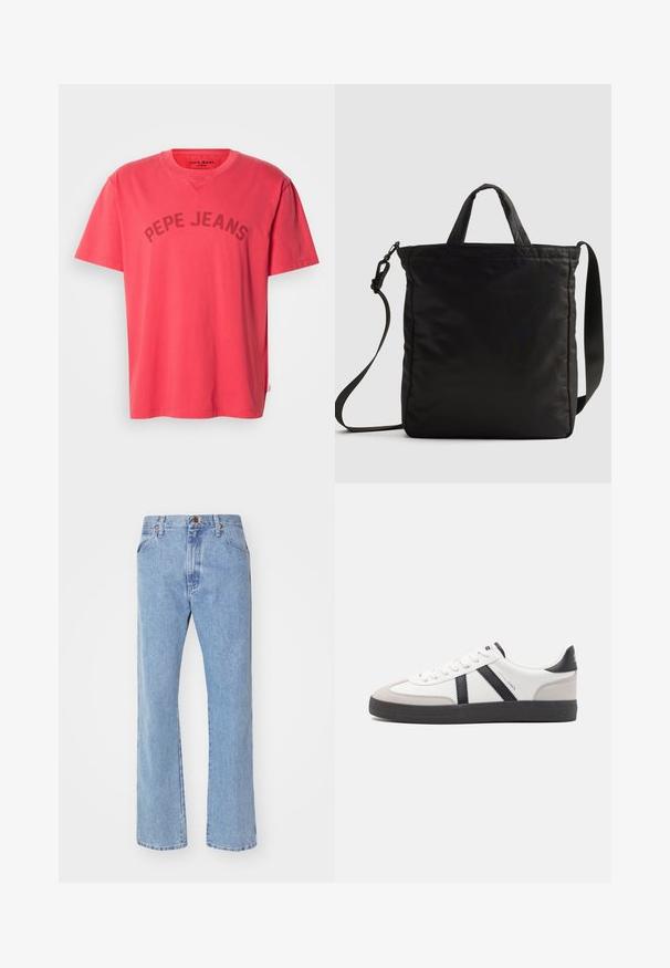 T-shirt en coton corail à manches courtes et col rond. Présente l'inscription "PEPE JEANS" imprimée en lettres foncées sur la poitrine.; Jean denim bleu clair à coupe droite, fermeture avant par bouton et zip, passants de ceinture et poches avant standard.; Baskets blanches avec des accents noirs et gris, présentant un embout texturé gris, une semelle en caoutchouc noir et des lacets plats blancs. Design épuré, style minimaliste.; Sac en nylon noir avec des poignées courtes et une bandoulière amovible, présentant un design élégant matelassé et des accents de matériel minimalistes.