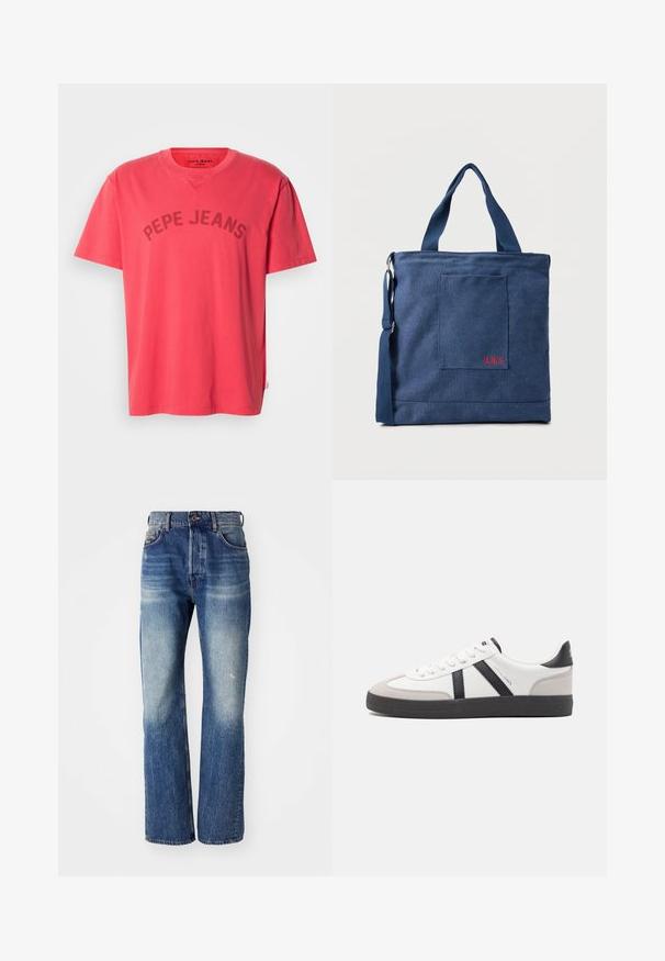 Koralfarvet bomulds-T-shirt med korte ærmer og rund halsudskæring. Har "PEPE JEANS" trykt i mørke bogstaver hen over brystet.; Blå denim jeans med lige ben-design, der har lys falmning og let whiskering fortil. Standard fem-lomme stil.; Hvide sneakers med sorte og grå detaljer, med en tekstureret grå tåhætte, sort gummisål og flade hvide snørebånd. Rent design, minimalistisk stil.; Blå lærredstote taske med frontlomme og rød "O.N.S" broderi, med to håndtag og en justerbar skulderrem.