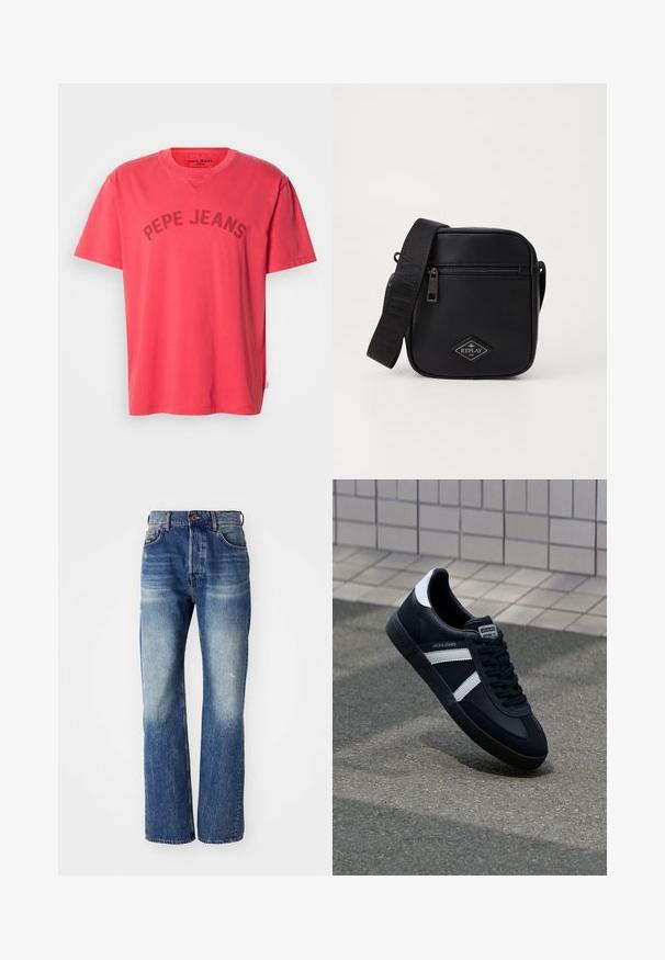 Koralfarvet bomulds-T-shirt med korte ærmer og rund halsudskæring. Har "PEPE JEANS" trykt i mørke bogstaver hen over brystet.; Blå denim jeans med lige ben-design, der har lys falmning og let whiskering fortil. Standard fem-lomme stil.; Sort lædersneaker med hvide striber, tekstureret gummisål og snørrebånd foran. Har et brandet mærke på tungen.; Sort syntetisk crossbody taske med lynlås, kvadratisk form, justerbar rem og et diamantlogo-patch på fronten.