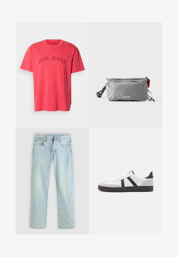 Korálové bavlnené tričko s krátkymi rukávmi a okrúhlym výstrihom. Na hrudi je nápis "PEPE JEANS" vytlačený tmavými písmenami.; Svetlomodré džíny z denimu so strihom rovného strihu, piatimi vreckami, gombíkovým zapínaním a jemným vyblednutím. Obsahujú detaily šitia a medené nitovanie.; Biele tenisky s čiernymi a šedými akcentmi, s textúrovanou šedou špičkou, čiernou gumovou podrážkou a plochými bielymi šnúrkami. Čistý dizajn, minimalistický štýl.; Sivý obdĺžnikový obal so zipsami, čierno-bielou lanovou rukoväťou na jednej strane a textom „ONLY & SONS“ v strede vpredu.