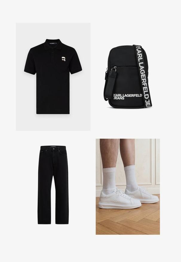 Sort polo skjorte i bomuld med krave, tre knapper og et lille hvidt logo på venstre bryst. Korte ærmer og lige snit.; Sorte denimbukser med en løs pasform, der har et standard fem-lomme design, knaplukning og subtil brandbroderi.; Ben iført hvide ribstrikkede crew-sokker og hvide Karl Lagerfeld sneakers stående på lyst trægulv.; Sort stof crossbody tas med rektangulær form, der har en lynlåslukket frontlomme og en kontrasterende logo-rem i hvid.