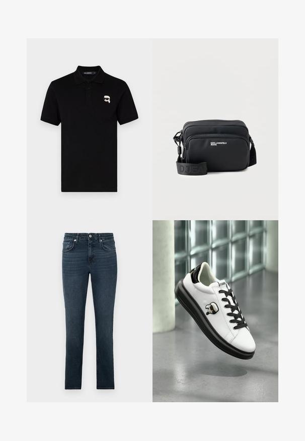 Camisa polo negra de algodón con cuello, tres botones y un pequeño logo blanco en el lado izquierdo del pecho. Mangas cortas y corte recto.; Jeans ajustados de color azul oscuro con bolsillos frontales, botón y presillas para cinturón, exhibidos sobre un fondo claro y liso.; Zapatilla de cuero blanca con acentos negros, punta redonda, cordones negros y un logotipo de dibujos animados en el lateral. Textura suave, suela de perfil bajo.; Bolso bandolera rectangular negro con dos compartimentos con cremallera, logo "KARL LAGERFELD JEANS" y correa ajustable de marca sobre fondo blanco.