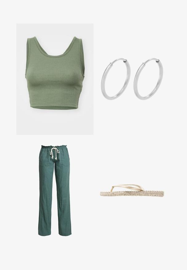 Top corto de color verde oliva hecho de tela acanalada, con un escote redondeado y tirantes anchos.; Pantalones de lino ligeros y verdes con un corte relajado, cinturilla elástica y cordón, que cuentan con dos bolsillos laterales.; Sandalia plana beige con suela trenzada y finas tiras metálicas doradas, vista de perfil sobre fondo blanco.; Pendientes de aro de plata, forma circular, textura lisa y brillante, y ancho constante en toda su extensión. Diseño minimalista sin acentos adicionales.