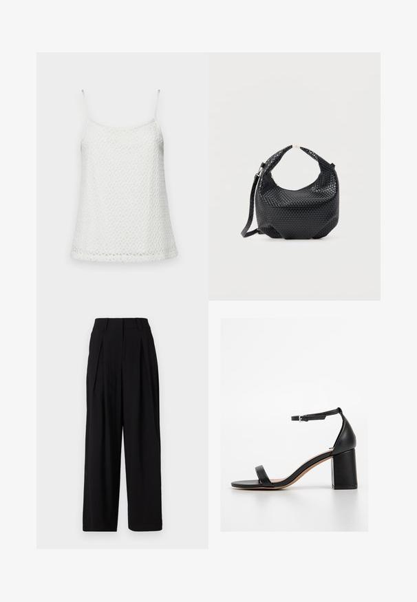 Top de ganchillo blanco sin mangas con tirantes finos, que presenta un tejido texturizado y con patrón, y una silueta ligeramente acampanada en el dobladillo.; Pantalones de pierna ancha negros, hechos de una tela suave, con una cinturilla alta, pliegues en la parte delantera y una silueta fluida.; Sandalia negra de tacón alto con tacón bloque, puntera abierta y correa en el tobillo. Material de cuero suave y diseño minimalista sin adornos.; Bolso de mano de cuero negro trenzado con asa corta y correa de hombro desmontable, exhibido sobre un fondo claro y liso.