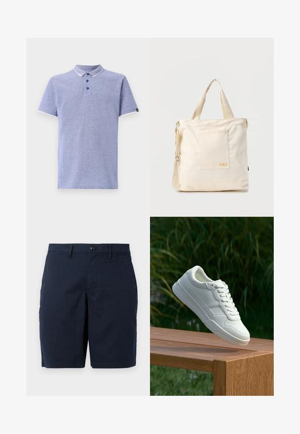 Paita polo dalam kain biru muda dengan lengan pendek, kerah, placket tiga kancing, dan aksen putih kontras pada kerah dan lengan.; Tummansiniset lyhyet housut, jotka on valmistettu kevyestä kankaasta. Varustettu nappikiinnityksellä, tasaisella etuosalla ja kahdella sivutaskulla. Klassinen, suora istuvuus.; Valkoinen nahkakengät, joissa on sileä pinta, perforoitu muotoilu, klassinen nauhakiinnitys ja kumipohja, aseteltuna puupinnan ylle.; Kermansävyinen kangaskassi, jossa etutasku, kaksi kantokahvaa, säädettävä olkahihna ja pieni keltainen "O.N.S"-teksti taskun alareunassa oikealla.
