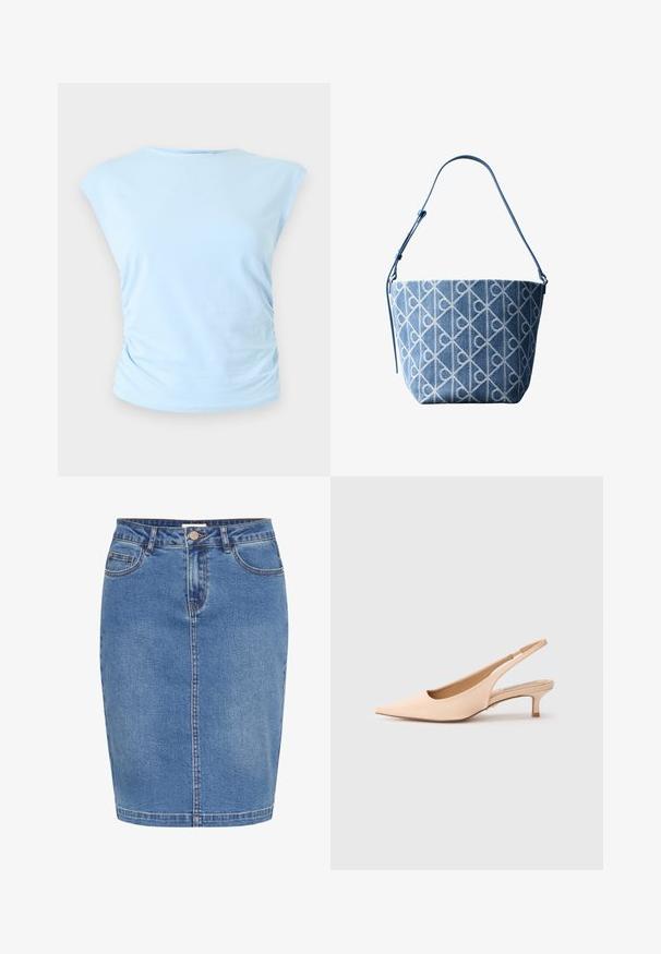 Lichtblauw mouwloos topje met een ronde halslijn en subtiele plooitjes aan de zijkant op een neutrale achtergrond.; Denim rok in lichtblauw met een aansluitend ontwerp, sluiting met knopen aan de voorkant, vijf zakken en contrasterende stiksels langs de naden.; Naakte leren slingback-hakken met een puntige neus en een kleine kittenhak. Gladde textuur, minimalistisch ontwerp en een ademende open achterkant.; Blauwe denim bucketbag met wit geometrisch luspatroon en verstelbare blauwe schouderriem.
