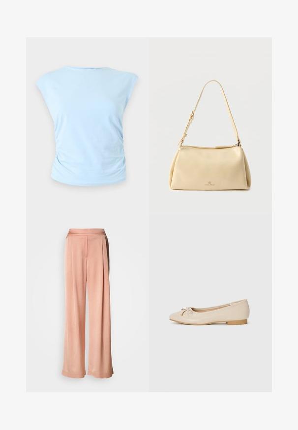 Haut sans manches bleu clair avec un col rond et un léger froncé sur le côté sur un fond neutre.; Pantalon large rose pâle avec une texture lisse, présentant une taille haute et des plis subtils pour un détail de design supplémentaire.; Ballerines beiges en matériau synthétique lisse. Dotées d'un petit talon carré, elles présentent un détail noué avec des accents dorés à l'avant.; Sac bandoulière rectangulaire beige avec sangle réglable et fermeture éclair, comportant un petit logo "Anna Field" au centre avant.