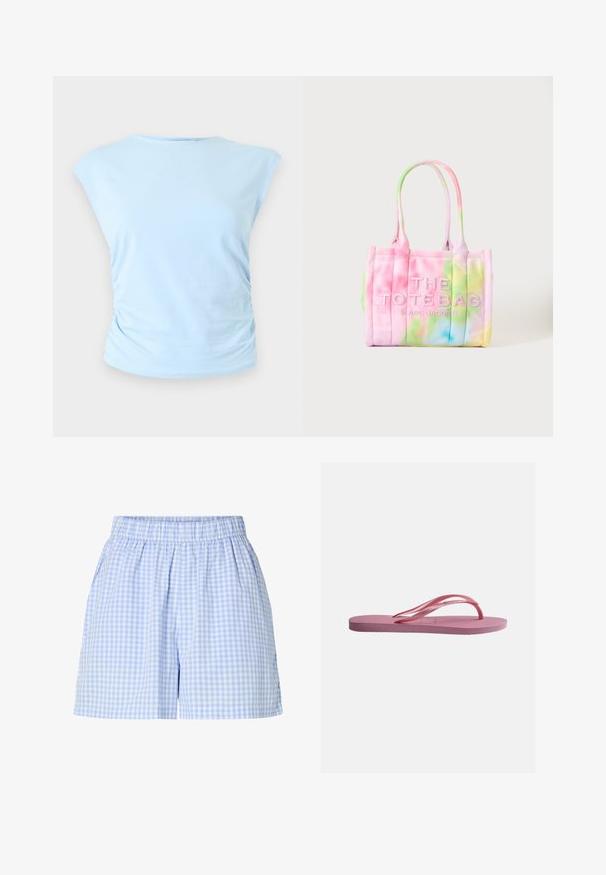 Haut sans manches bleu clair avec un col rond et un léger froncé sur le côté sur un fond neutre.; Short vichy bleu clair et blanc avec taille élastique et coupe ample, présenté sur fond blanc uni.; Tongs en caoutchouc rose unique avec semelle texturée et brides en forme de Y sur un fond gris clair uni.; Sac cabas tie-dye pastel avec deux poignées, texte en relief « "THE TOTE BAG MARC JACOBS" » sur le devant, sur un fond uni.