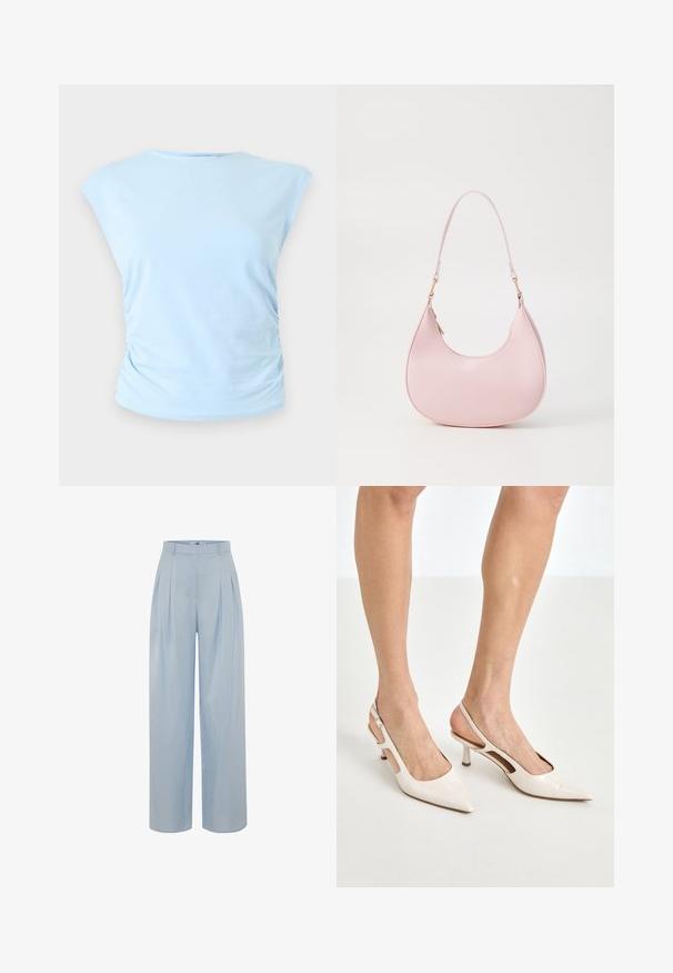 Top sin mangas azul claro con escote redondo y fruncido lateral sutil sobre un fondo neutro.; adL Pantalones - blue; Tacones slingback de charol beige con punta afilada y un tacón de 5 cm, con lados recortados y una delgada correa en el tobillo.; Call it Spring CELESTY - Bolso de mano - other pink