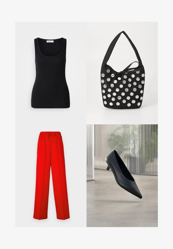 Sort ribbet tanktop med rund halsudskæring, brede skulderstropper og en tætsiddende pasform. Label bagpå med teksten "Marc O'Polo."; Røde bukser med vid bendesign, lavet af glat stof. Har en elastisk talje og snøre detaljer for justerbar pasform.; Sort spids tå kitten heel sko, der svæver over en glat betongulv med lodrette gennemsigtige paneler i baggrunden.; Sort stof håndtaske med en afrundet form, der har sølvfarvede cirkulære metalnitter arrangeret i et mønster, samt et bundet stofaccent.