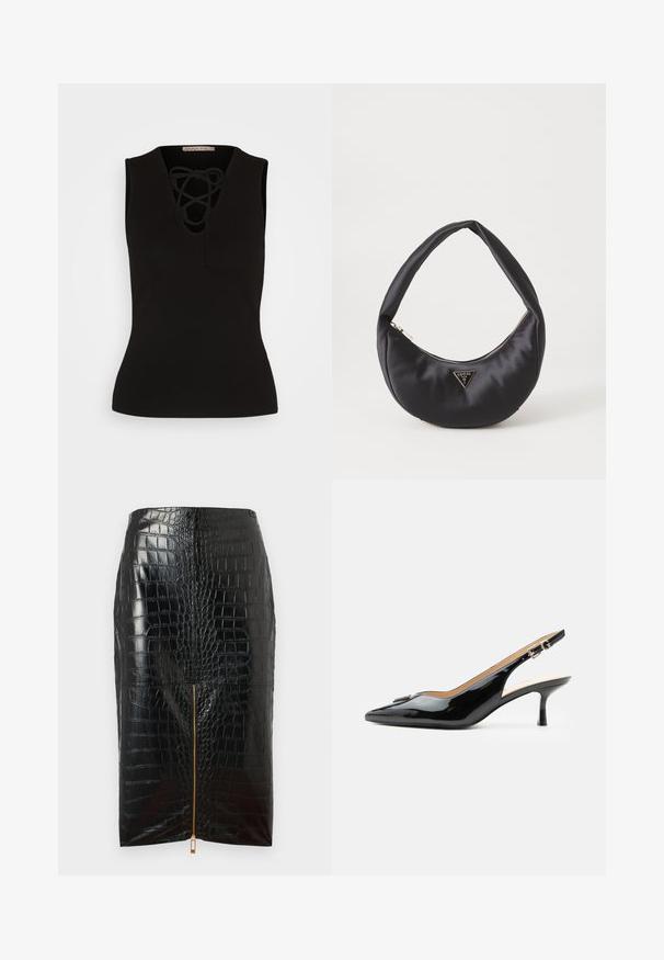 Anna Field Topp - black; Mustast kunstnahast pliiatsihaldjas, millel on krokodillimuster, keskel on kuldne lukku ja sile viimistlus.; Mustast lakknahast slingback-kontsaga king, terava ninaga, väikese kitten-kontsa ja hõbedase pandlaga rihmaga, ühevärvilise valge taustaga.; Must musträk kott, millel on kaarjas kuju, varustatud lukuga ja metallist kolmnurkse logoga ees. Sile tekstuur ja peen disain.