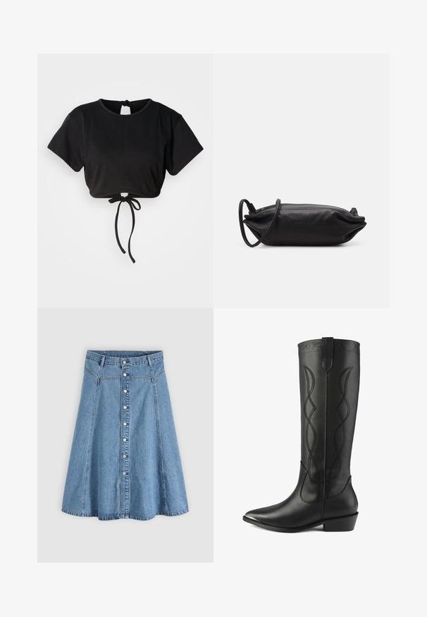 Zwarte cropped t-shirt gemaakt van zachte stof, met korte mouwen, een ronde halslijn en een strikdetail op de rug voor aanpassing.; Lichtblauwe denim A-lijn rok met witte knopen aan de voorkant en riemlussen, afgebeeld tegen een effen grijze achtergrond.; Hoge zwarte leren laarzen hebben een spitse neus, blokhak en decoratieve stiksels met elkaar verweven lijnen langs de schacht.; Zwarte leren clutch met een rechthoekige vorm, gladde textuur, dunne schouderband en minimalistisch ontwerp.