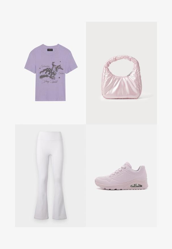 Lilla ribbet t-shirt med korte ærmer, prydet med et grafisk motiv af en hestevært og teksten "Houston Texas Stay Wild" i sort.; Hvide yoga-nederdele med høj talje, vidde ben og glat stof mod en ensfarvet lys baggrund.; Lyserød sneaker med en glat syntetisk overdel, perforerede detaljer, rund tå, snørebåndsdesign og en synlig luftdæmpningsenhed i sålen.; Rosa, polstret håndtaske med afrundet design, lavet af skinnende materiale. Har et samlet håndtag og en lynlås til sikker adgang.