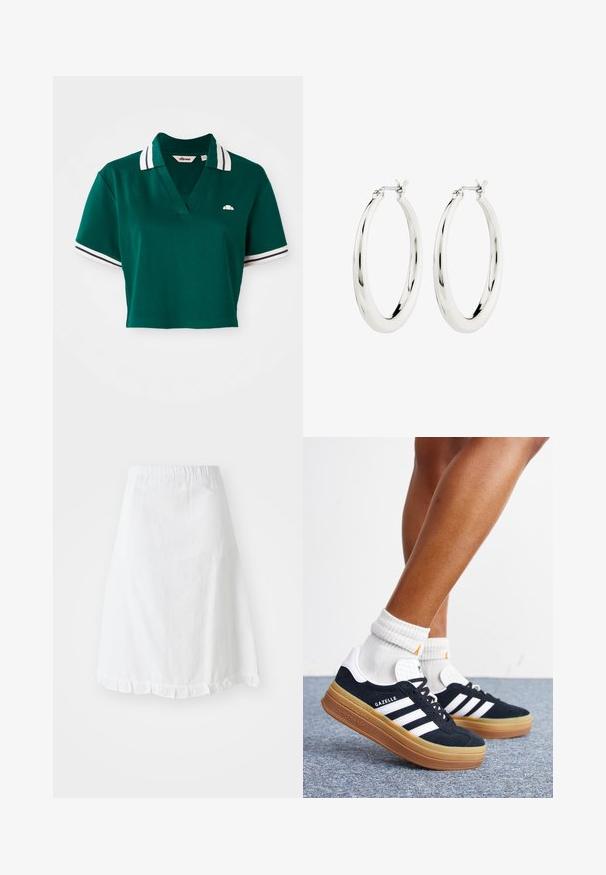 Polo vert court en coton, avec un col en V, des manches courtes avec des rayures blanches et marine, et un petit logo sur la poitrine.; Jupe blanche avec taille élastique, présentant un motif texturé et un ourlet festonné en bas. Design simple en A.; Jambes portant des chaussettes blanches et des baskets Adidas Gazelle noires avec des bandes blanches et des semelles épaisses marron sur un sol recouvert de moquette grise.; Boucles d'oreilles créoles en argent avec une finition lisse et brillante. Forme circulaire, dotée d'un fermoir sécurisé. Design simple et élégant.