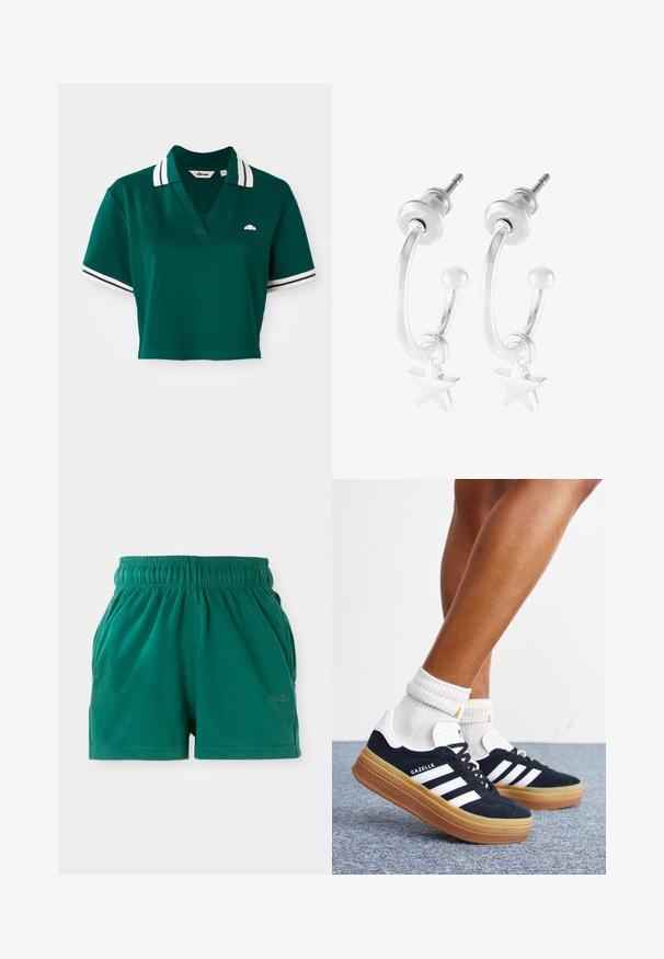 Grøn, kortærmet polo skjorte lavet af bomuld, med V-hals, korte ærmer med hvide og marinefarvede striber, og et lille logo på brystet.; Grønne elastiske casual shorts med sidelommer og en diskret logo på højre ben.; Ben iført hvide sokker og sorte Adidas Gazelle sneakers med hvide striber og tykke brune såler på et gråt tæppe.; Sølv hoop øreringe med en stjernecharme, der har en poleret finish og buet design, sikret med en postlås.