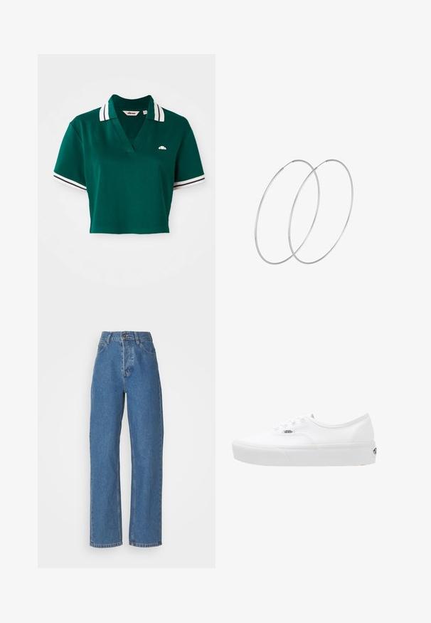 Camisa polo verde corta hecha de algodón, con cuello en V, mangas cortas con rayas blancas y marinas, y un pequeño logotipo en el pecho.; Jeans azules de tiro alto y pierna recta con un acabado desgastado. Cuenta con cinco bolsillos, un cierre de botón y detalles de costura sutiles.; Vans UA AUTHENTIC PLATFORM 2.0 - Zapatillas skate - true white; Pendientes de aro plateados con un diseño minimalista. Forma circular, textura suave y perfil delgado. Livianos con un acabado pulido.
