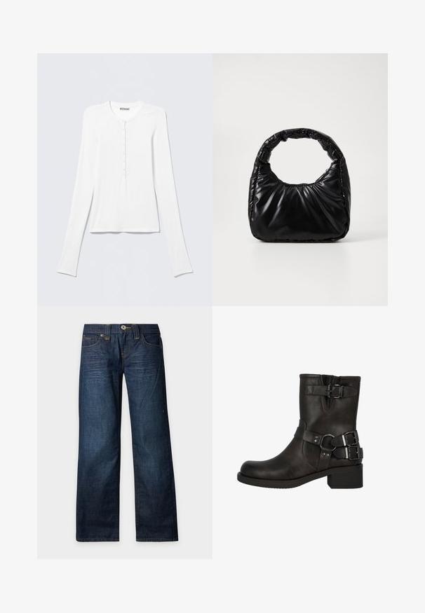 Weißes Langarm-Henley-Shirt mit rundem Ausschnitt und einer vertikalen Reihe kleiner Knöpfe in der vorderen Mitte.; Dunkelblaue Jeans mit geradem Bein, verwaschenen Details, Knopf- und Reißverschluss und Fünf-Taschen-Design auf hellem einfarbigem Hintergrund.; Palado OMYLIA - Cowboy-/Bikerstiefelette - braun; Schwarze gepolsterte Handtasche mit einem runden Griff, die eine glatte, glänzende Oberfläche und eine weiche, gestepfte Textur aufweist. Keine sichtbare Hardware oder Akzente.