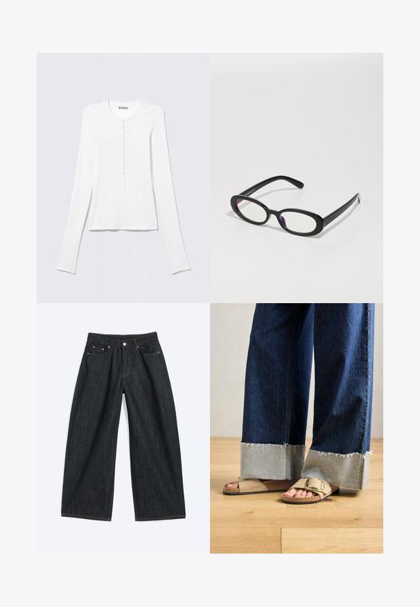 Camiseta Henley blanca de manga larga con cuello redondo y una fila vertical de pequeños botones en el centro delantero.; Vaqueros vaqueros de pierna ancha de color azul oscuro con bolsillos delanteros y trabillas para cinturón, extendidos sobre un fondo claro.; Pies con sandalias Birkenstock beige con hebillas de oro, combinadas con jeans de mezclilla azul oscuro enrollados en los puños, de pie sobre un suelo de madera.; Gafas ovaladas negras con cristales transparentes, con un acabado suave y patillas anchas. Los cristales tienen un ligero tinte morado. Logo en el lado.